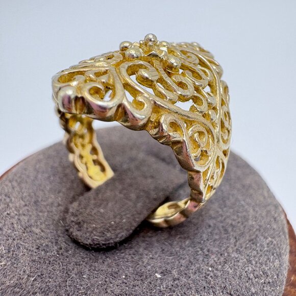 VTG Gold Over Sterling Silver Open Filigree Scroll Design Beaded Ring Size 7 - Picture 4 of 10